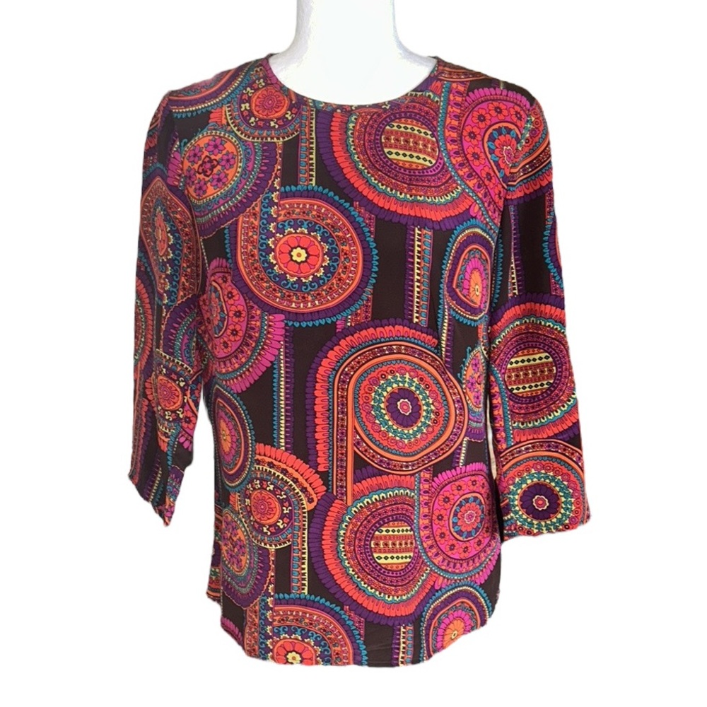 Trina Turk Silk Paisley Floral Medallion Print 3/4 Sleeve Cutout Blouse - S